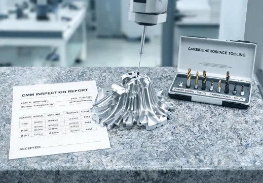 CMM inspection report beside machined titanium component