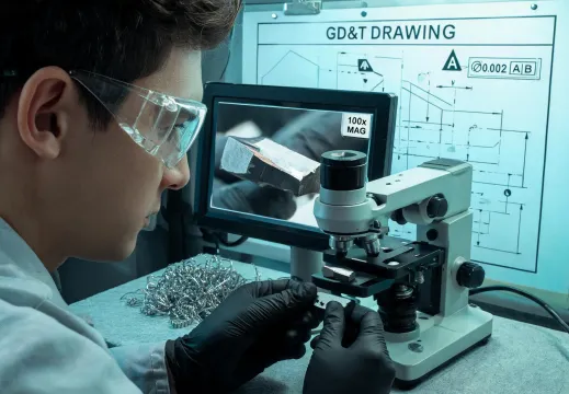 Engineer checking carbide insert wear under magnification