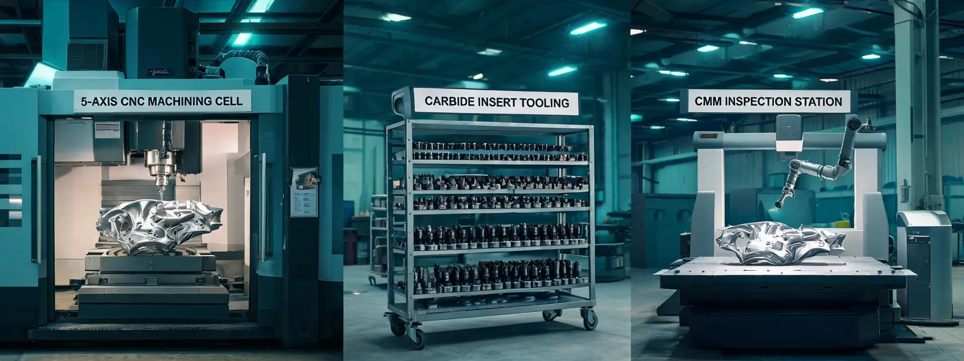 Flagship CNC cell with carbide tooling and inspection station